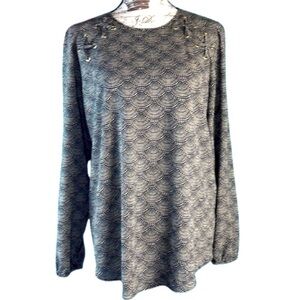 Michael Kors Textured Black Long Sleeve Blouse Seashell Printed Top Large